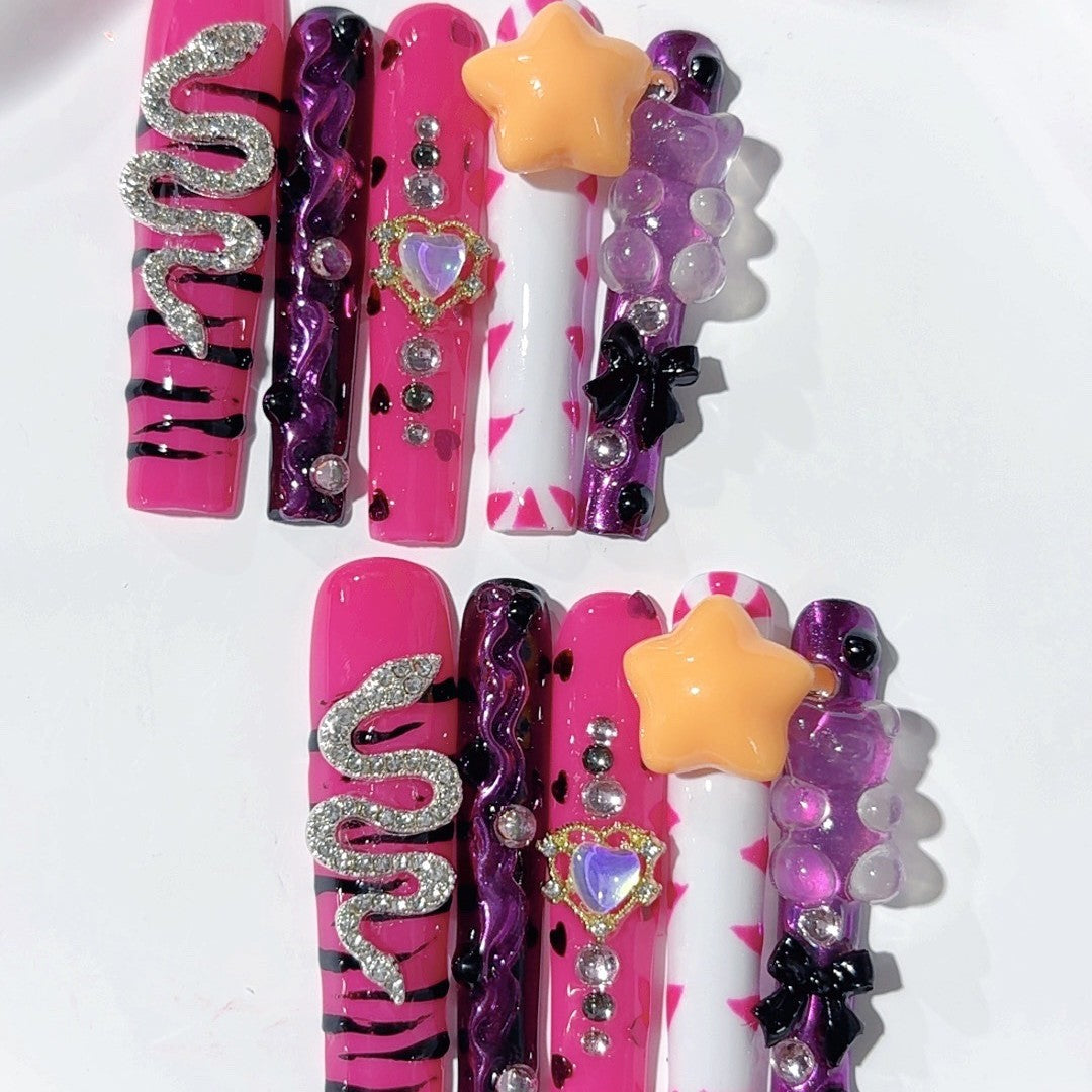 Neon Star Snake Crystal Bold Press On Nails – Image 3