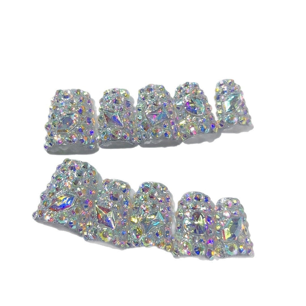 Diamond Dazzle: "Aurora Crystal" – Short Square Handmade Press On Nails – Image 5