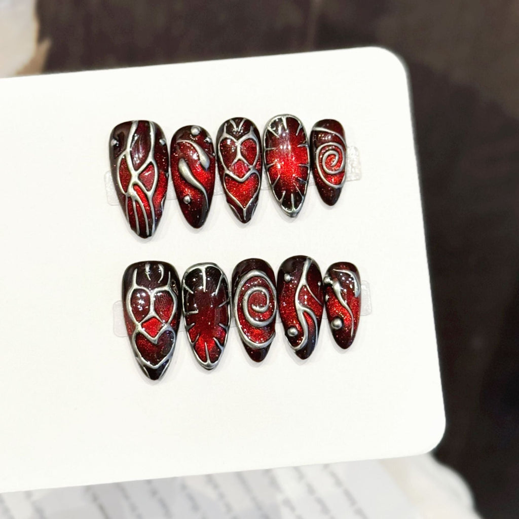 Crimson Hex by Gattina, luxury hand-crafted press-on nails
