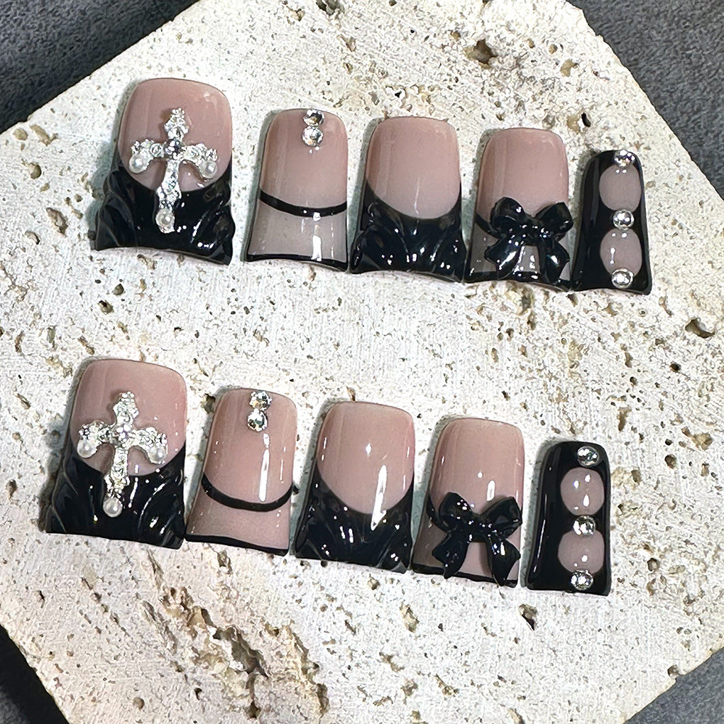 Nude Black French Nails with Cross and Bow Details – Image 2