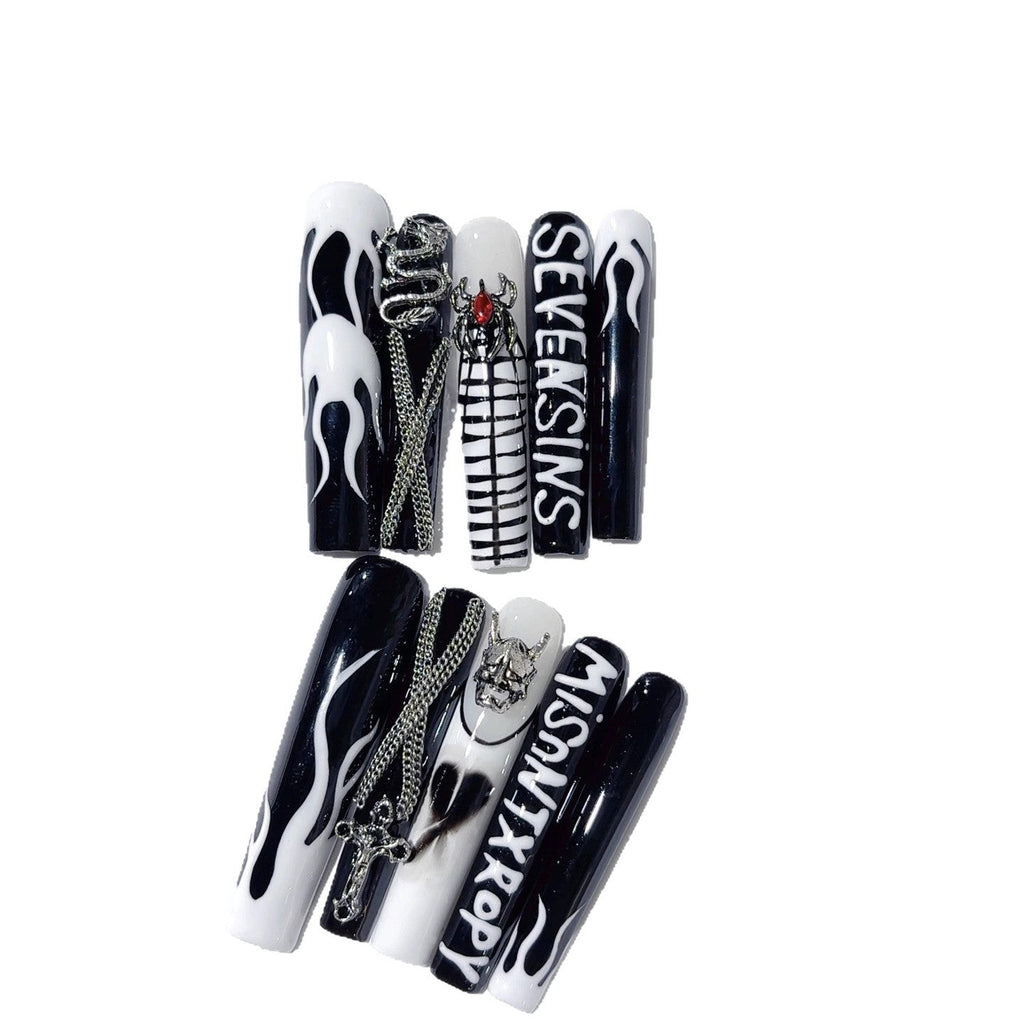 Black White Gothic Cross Flame Statement Press On Nails – Image 5