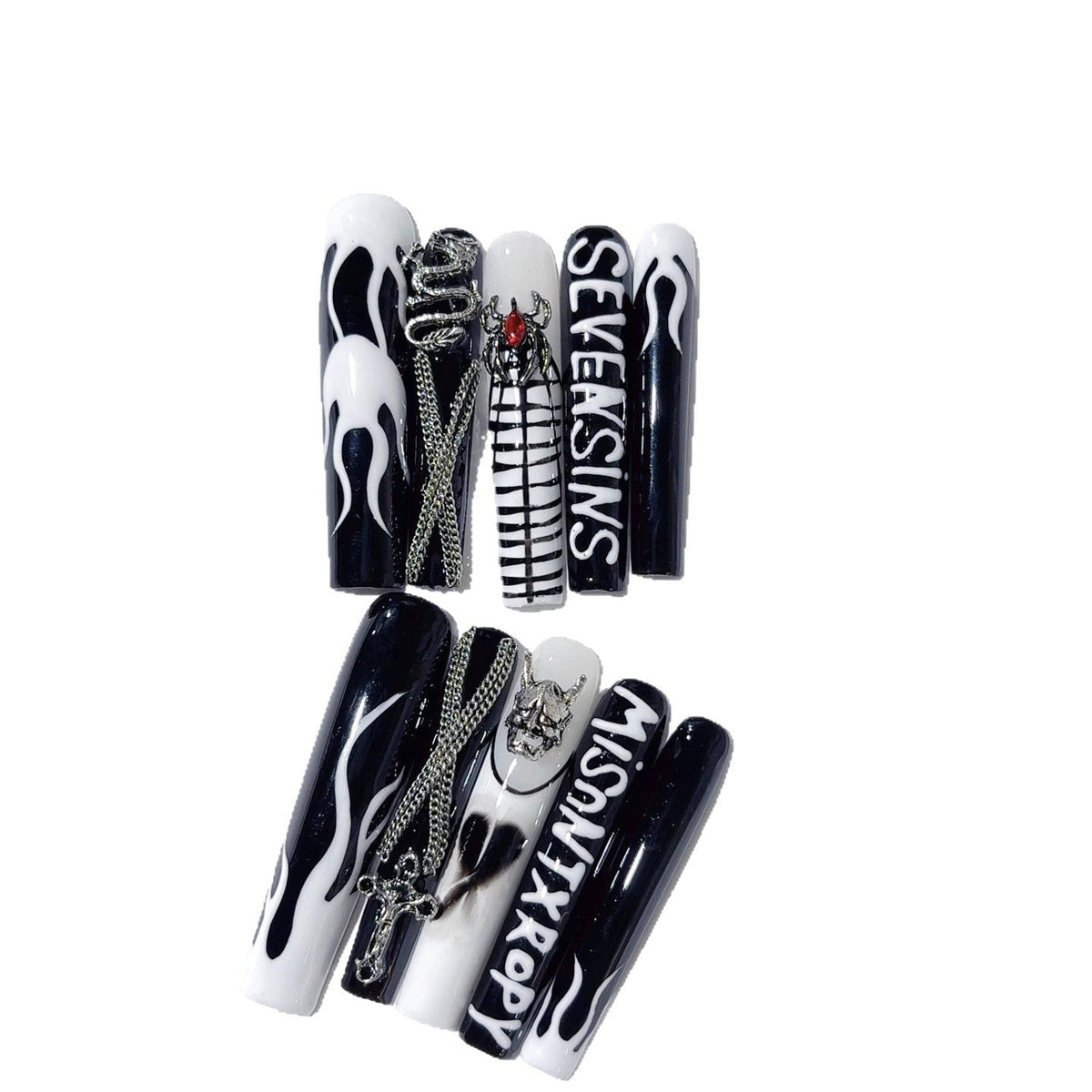Black White Gothic Cross Flame Statement Press On Nails – Image 5