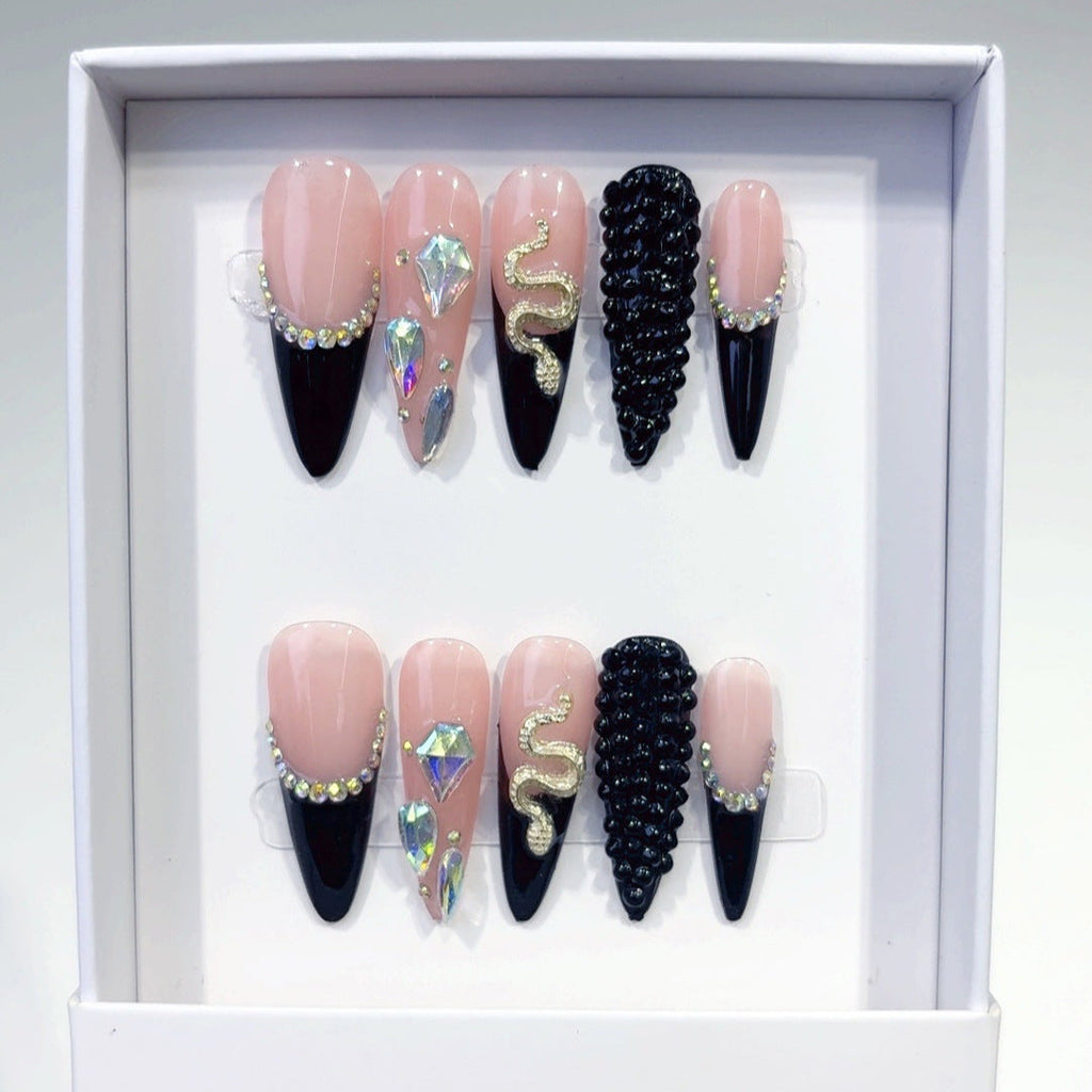 Serpent Noir: "Black French Snake" – Long Stiletto Shape Handmade Press-On Nails – Image 4
