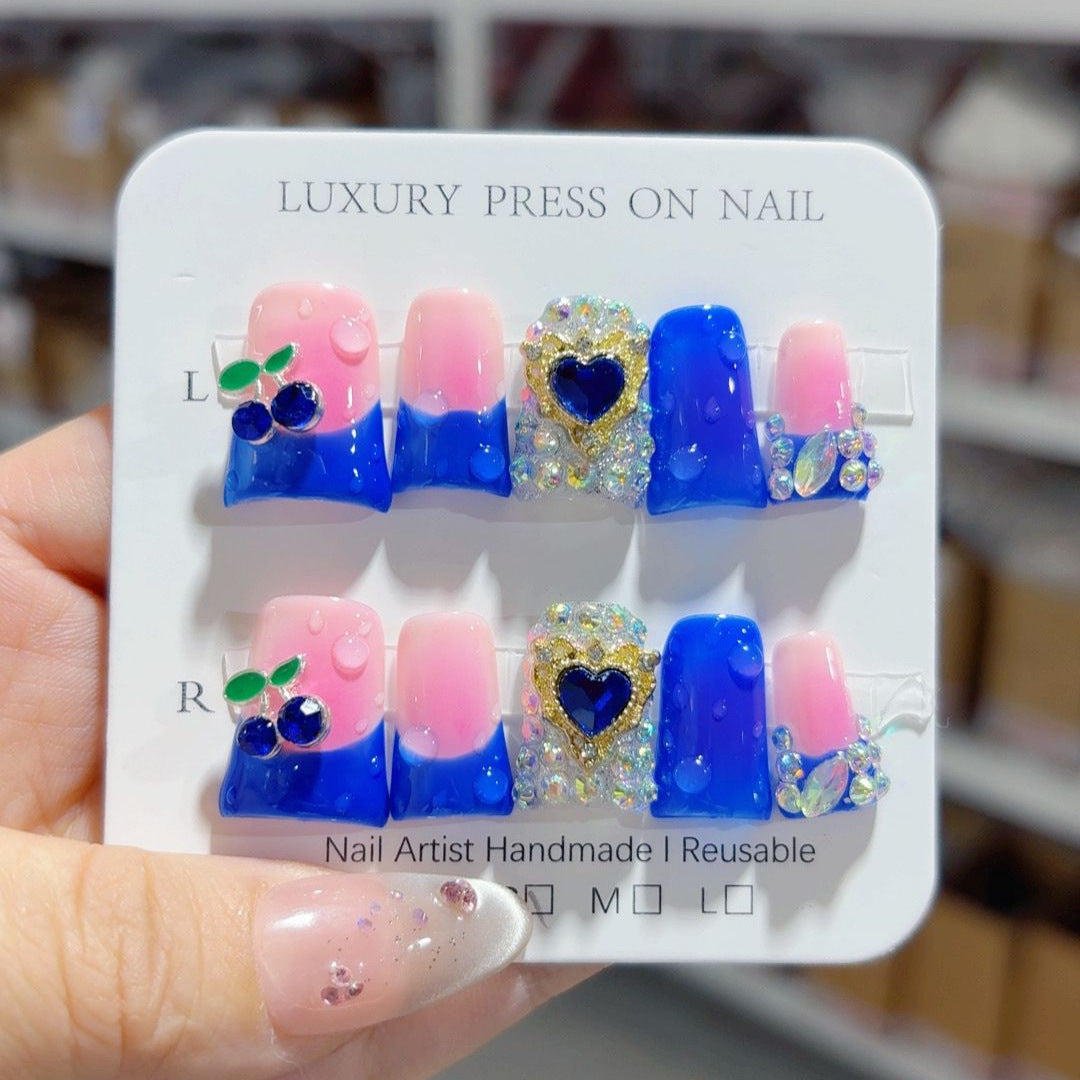 Sapphire Berry: "Royal Heart" – Short Square Handmade Press On Nails