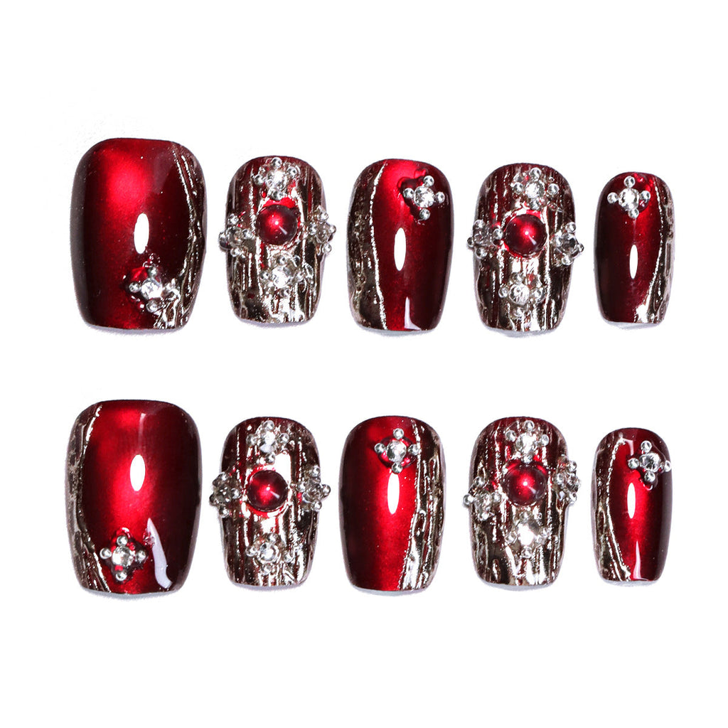 Retro light luxury gemstone cat eye manicure fake nails sub-size red press on nails flash diamond flash nail piece – Image 5