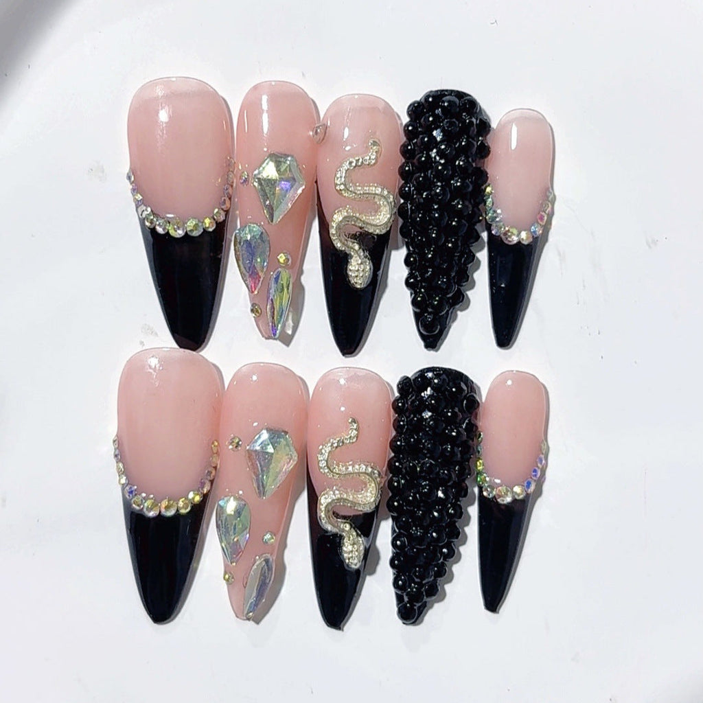 Serpent Noir: "Black French Snake" – Long Stiletto Shape Handmade Press-On Nails