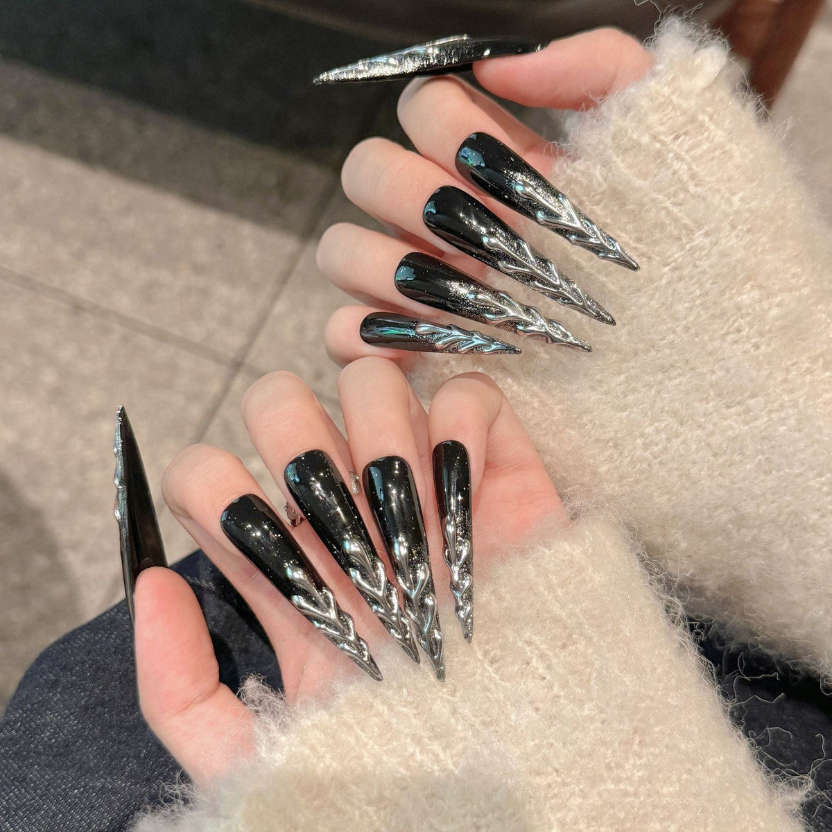 Obsidian Flame by Gattina, luxury hand-crafted press-on nails