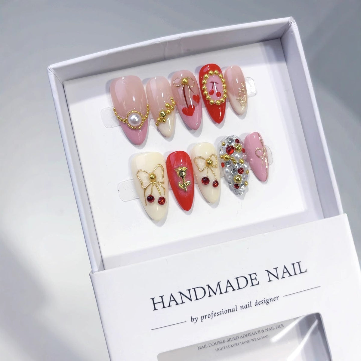 Cherry Rose Gala: "Festive Bow & Bloom" – Almond Press-On Nails – Image 2
