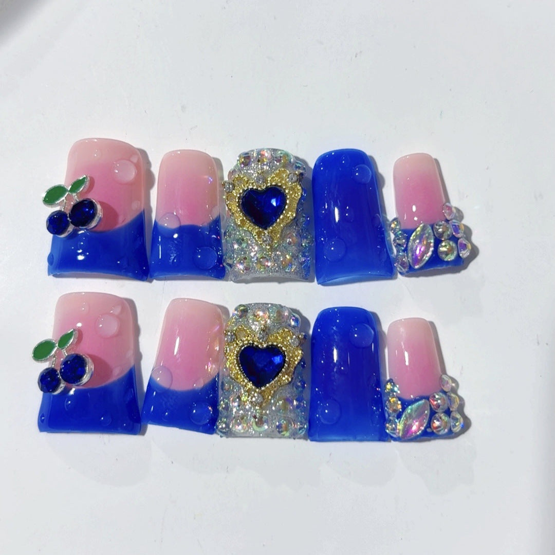 Sapphire Berry: "Royal Heart" – Short Square Handmade Press On Nails – Image 3