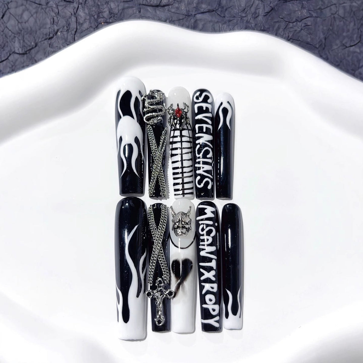 Black White Gothic Cross Flame Statement Press On Nails – Image 3
