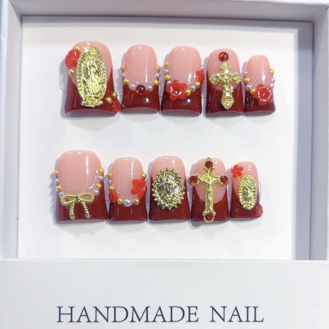 Sacred Grace: "Divine Crimson" – Short Square Press-On Nails