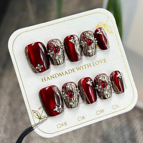 Retro light luxury gemstone cat eye manicure fake nails sub-size red press on nails flash diamond flash nail piece finished