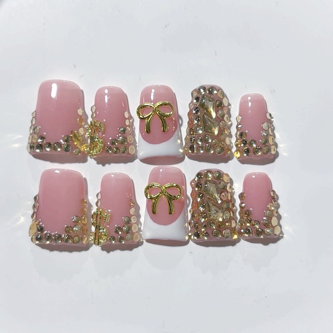 Rich Bling: "Golden Bow & Dollar" – Square Press-On Nails – Image 2