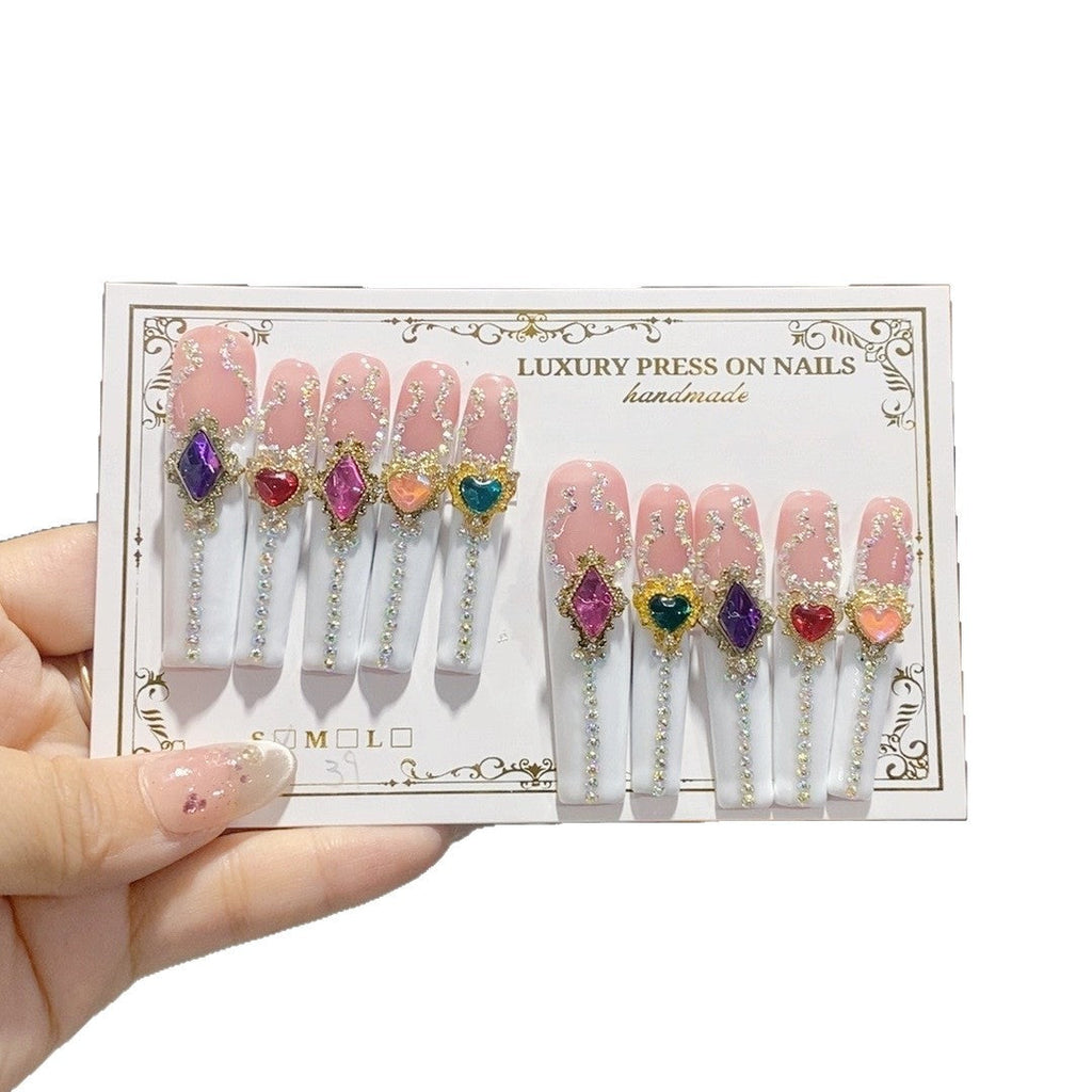 Multicolor Heart Gem Extra Long Press On Nails – Image 5