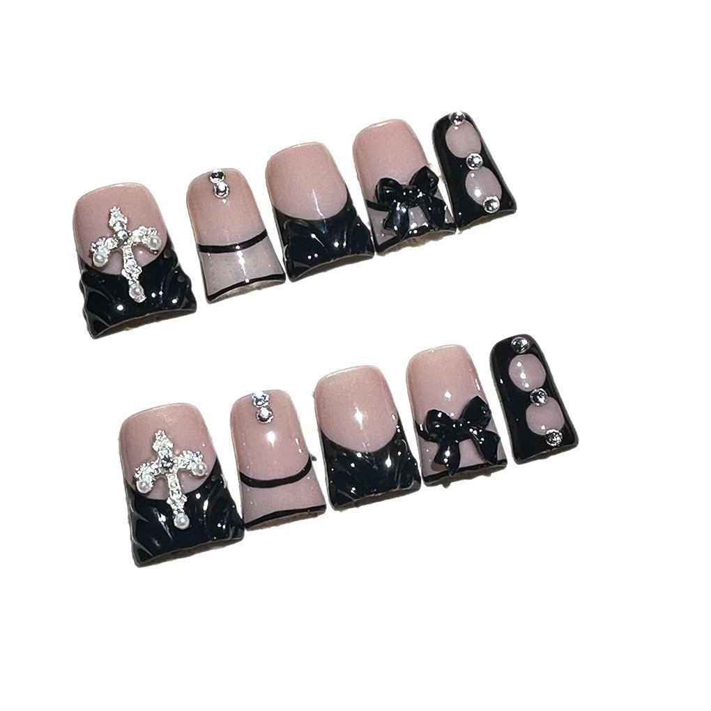 Nude Black French Nails with Cross and Bow Details – Image 5