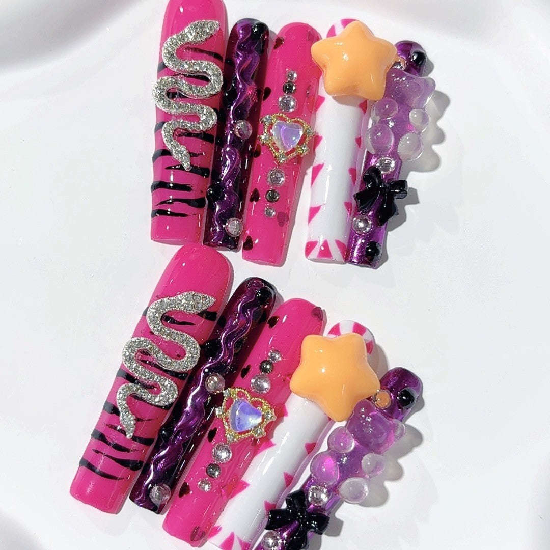 Neon Star Snake Crystal Bold Press On Nails – Image 4