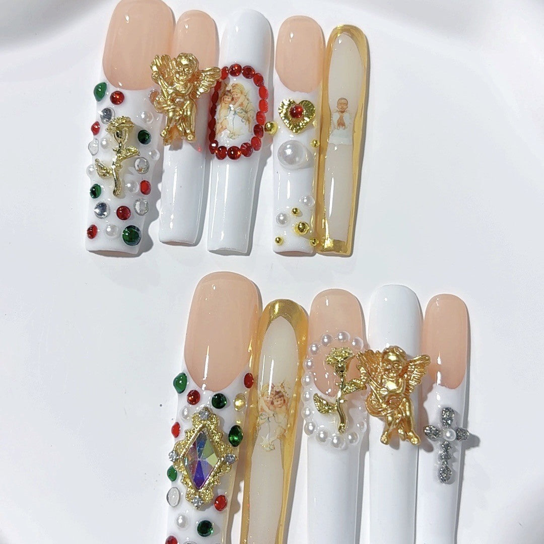 Vintage Baroque Angel Pearl Crystal Press On Nails – Image 3