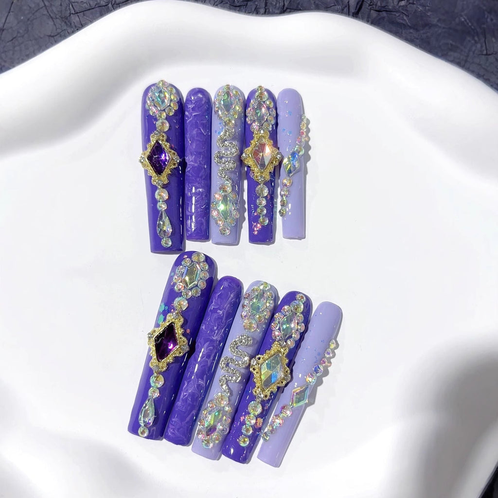 Purple Crystal Embellished Extra Long Press On Nails – Image 4
