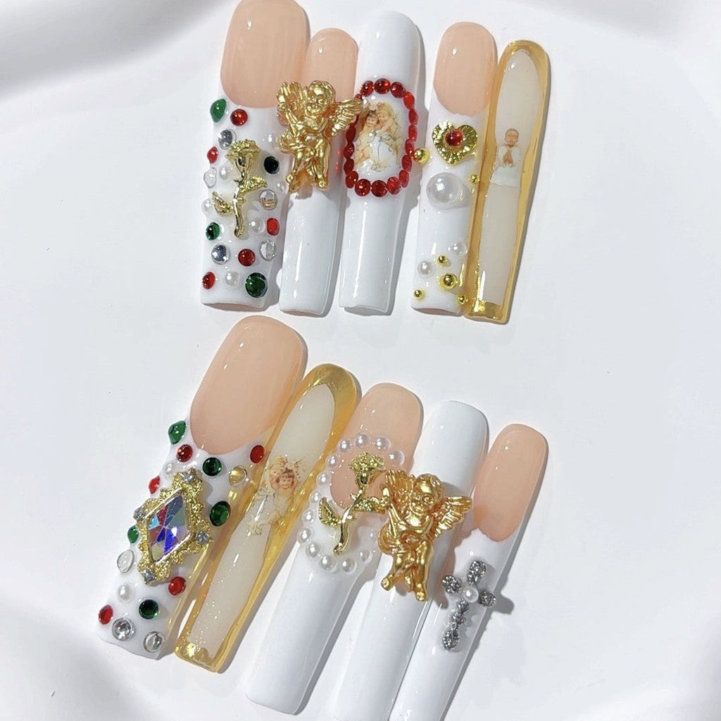 Vintage Baroque Angel Pearl Crystal Press On Nails – Image 4