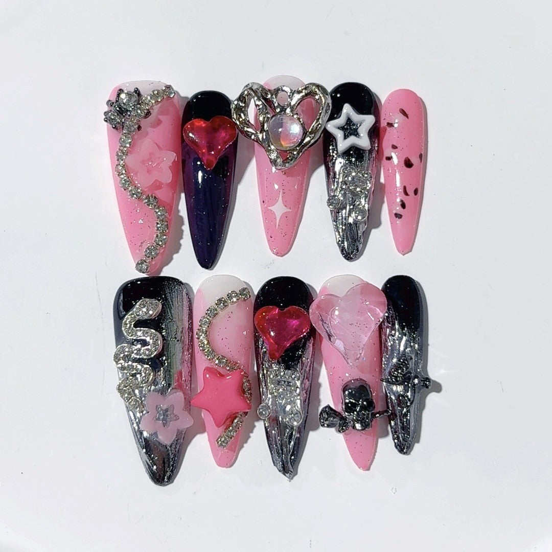 Pink Black Gothic Heart Crystal Statement Press On Nails – Image 4