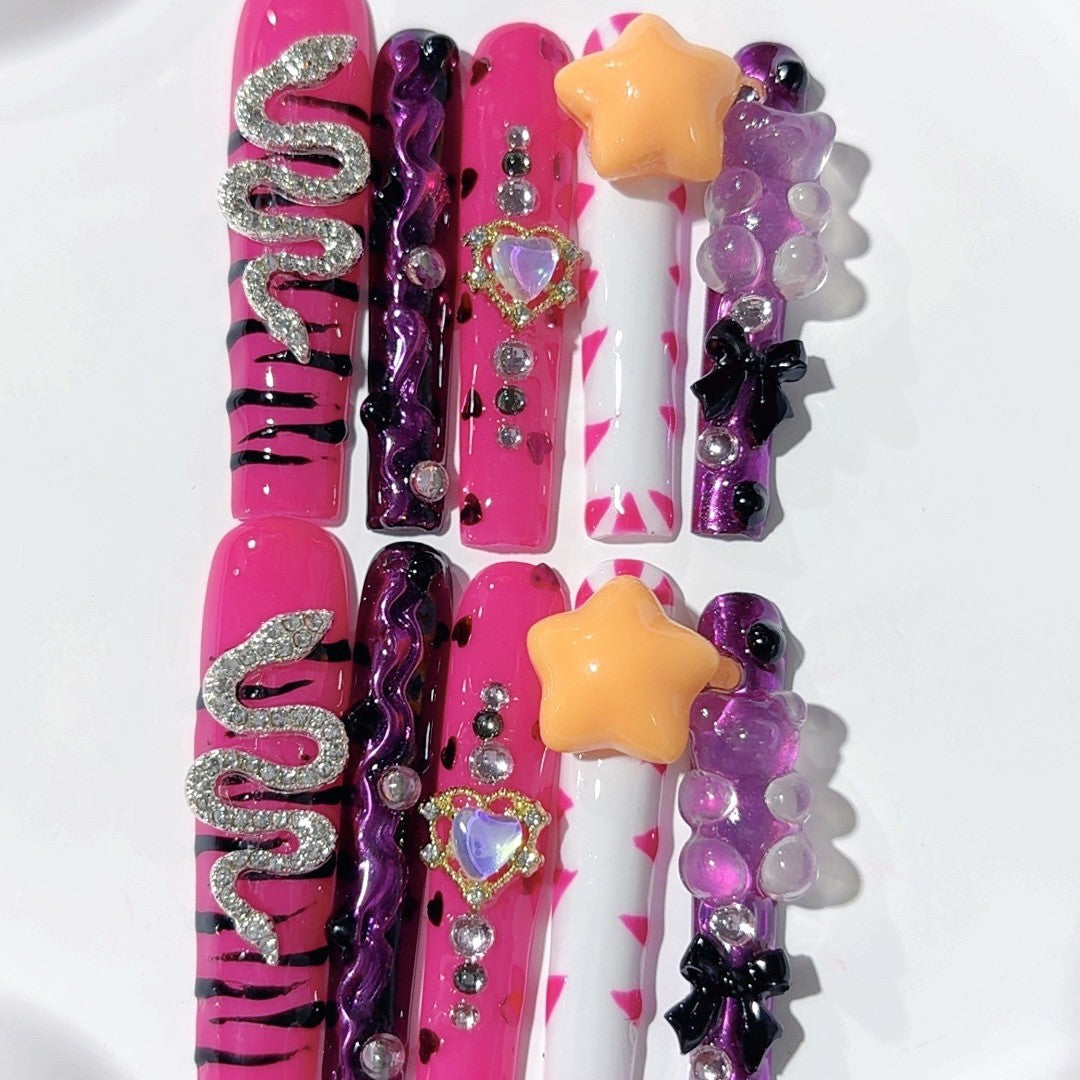 Neon Star Snake Crystal Bold Press On Nails – Image 2