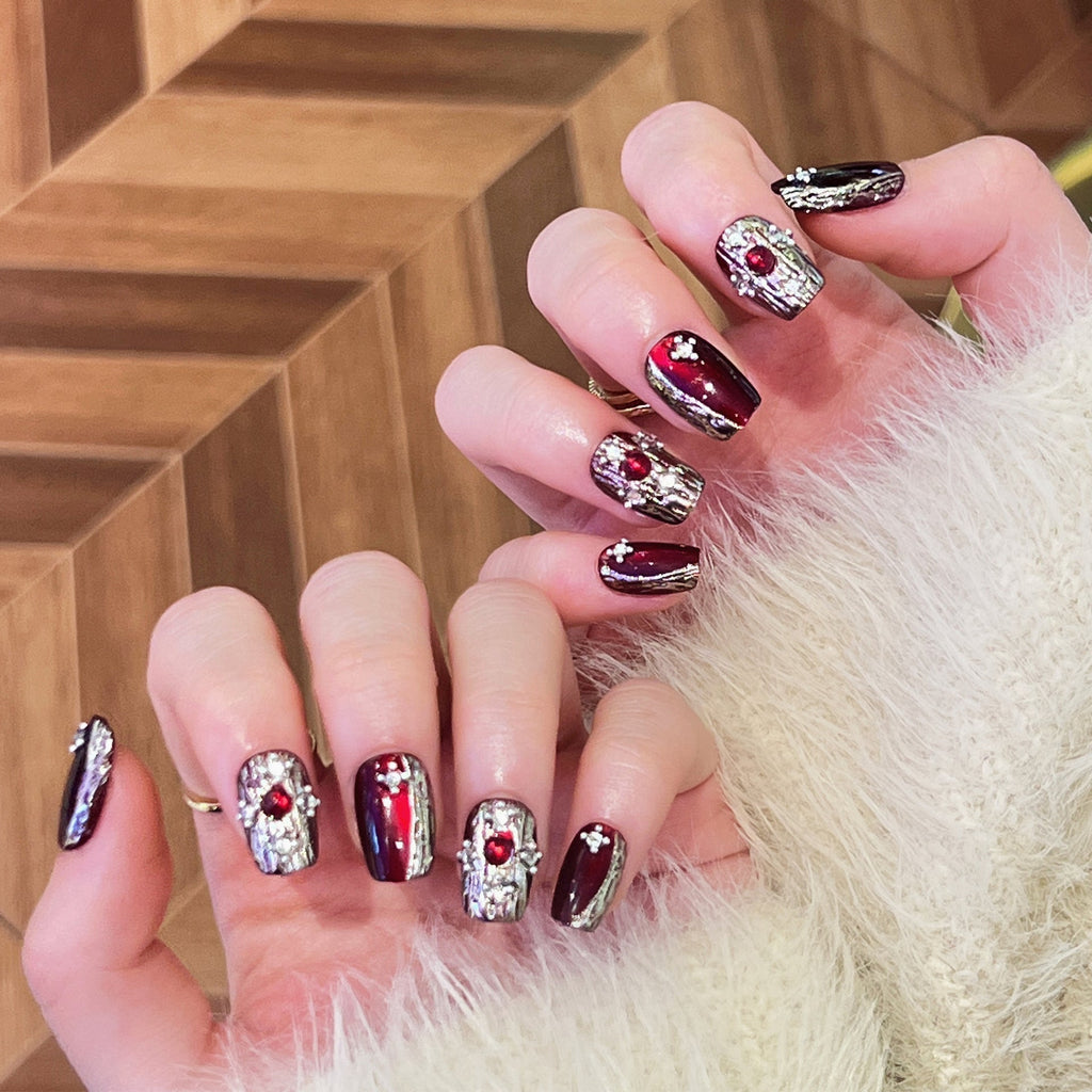 Retro light luxury gemstone cat eye manicure fake nails sub-size red press on nails flash diamond flash nail piece – Image 2