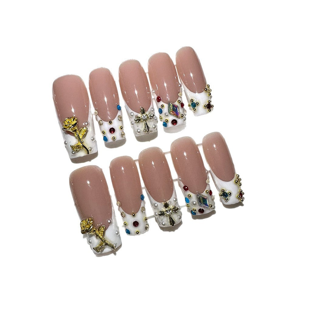 Gemstone Couture Collection: "Jewel Encrusted Nude" – Medium Almond Press-On Nails – Image 5