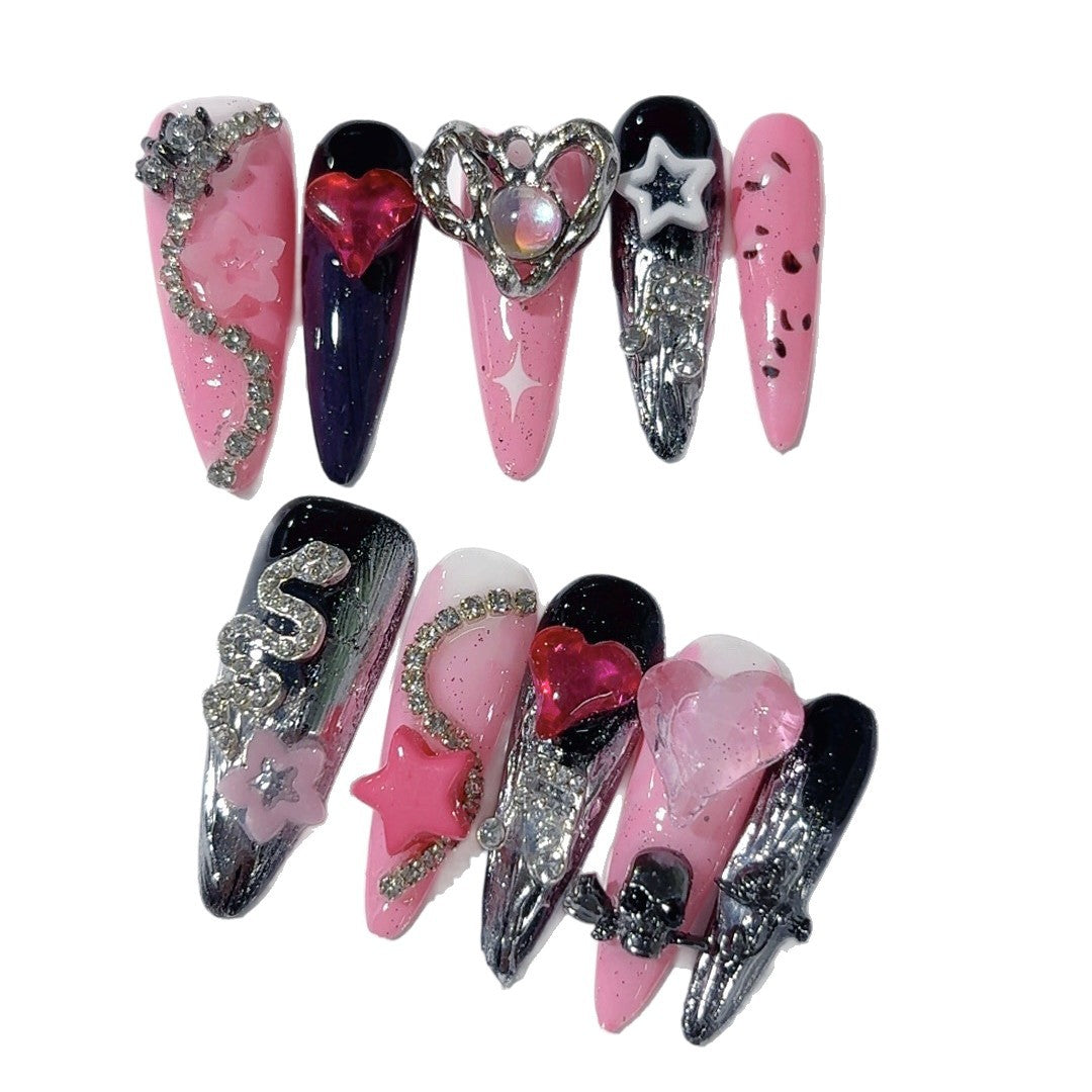 Pink Black Gothic Heart Crystal Statement Press On Nails – Image 5
