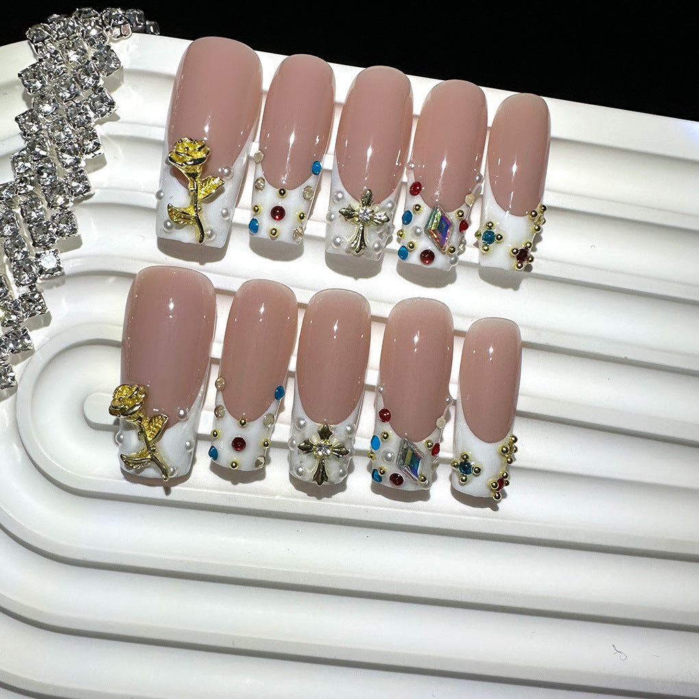 Gemstone Couture Collection: "Jewel Encrusted Nude" – Medium Almond Press-On Nails – Image 3