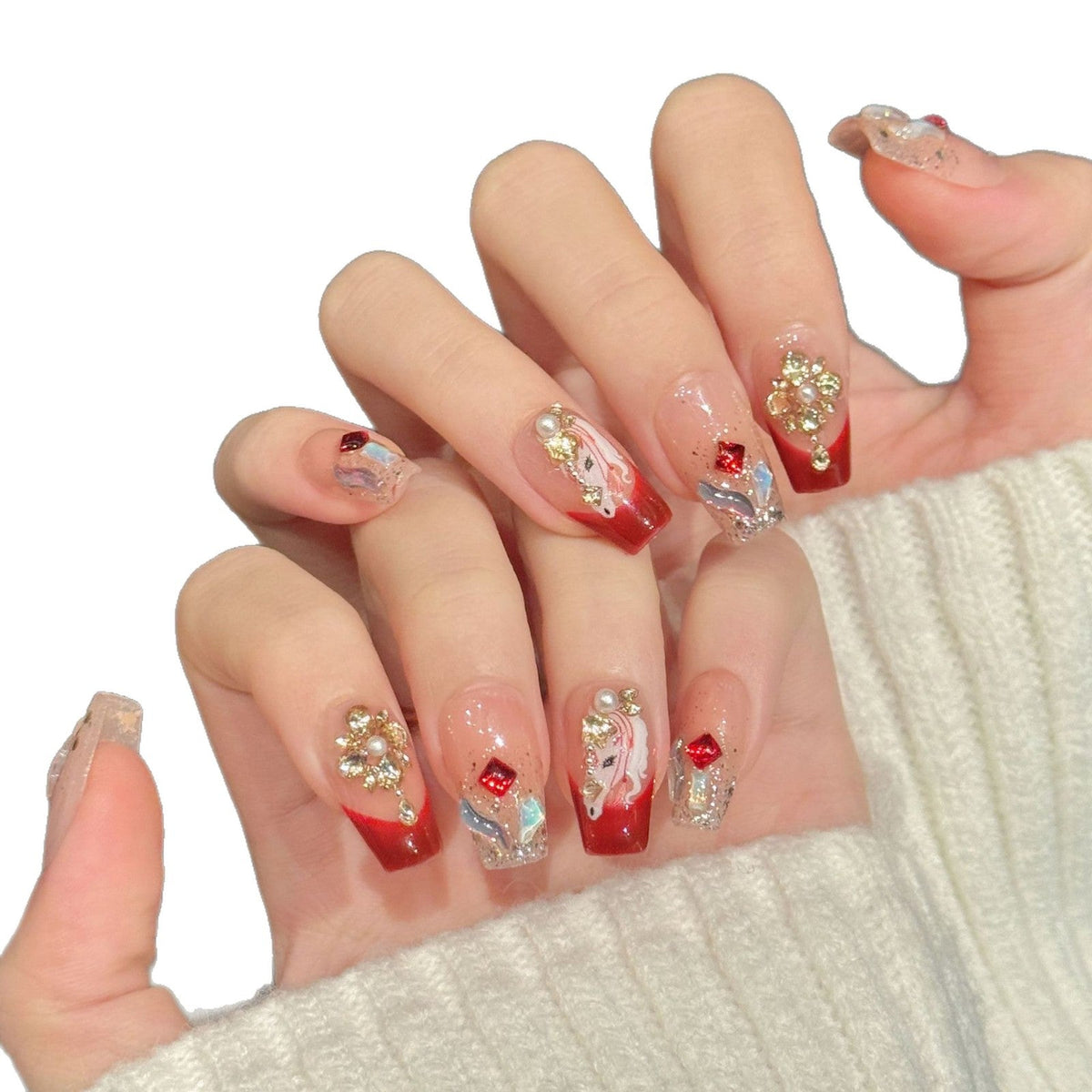 Lunar New Year Collection: "Crimson Fortune" – Long Stiletto/Long Oval Press-On Nails – Image 5