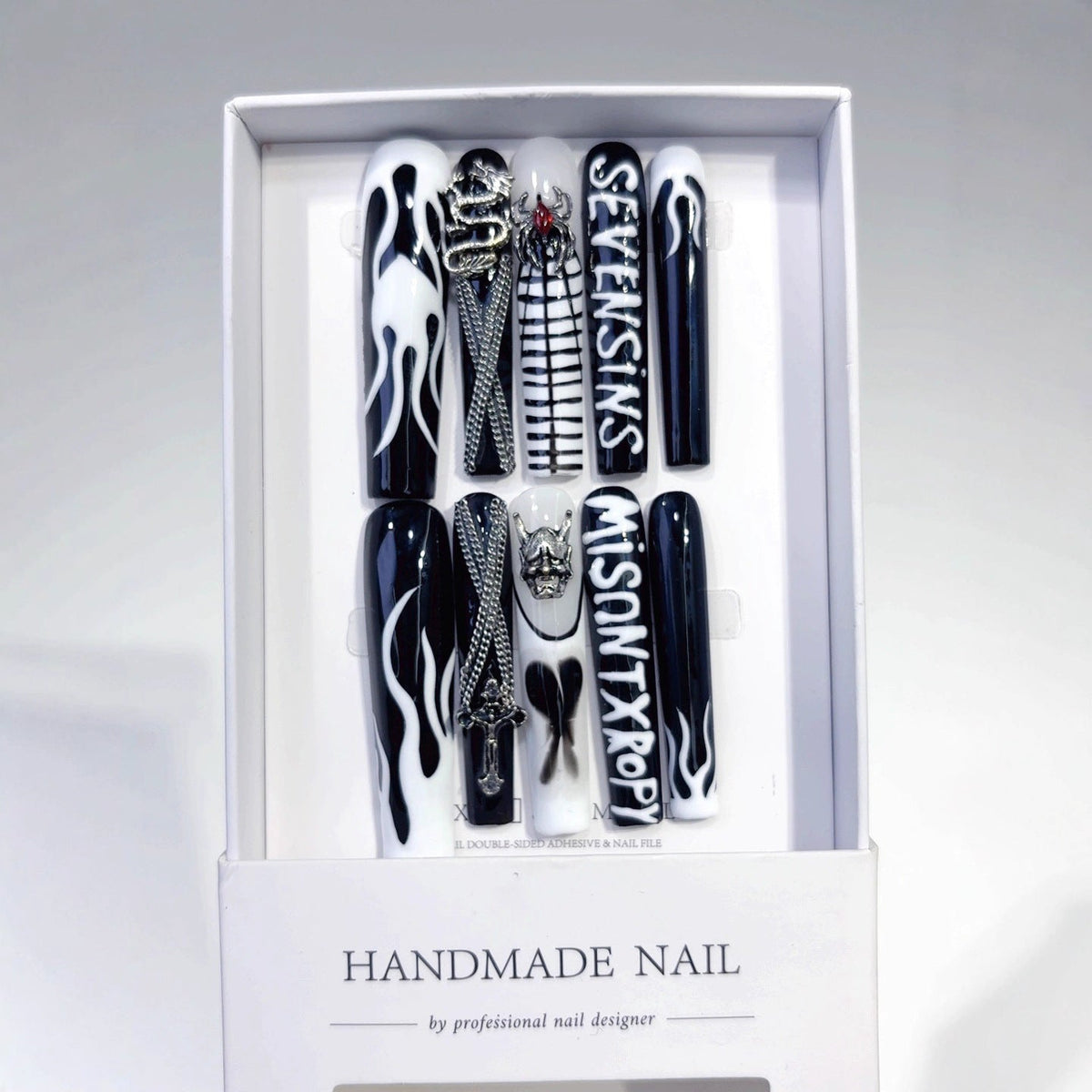 Black White Gothic Cross Flame Statement Press On Nails
