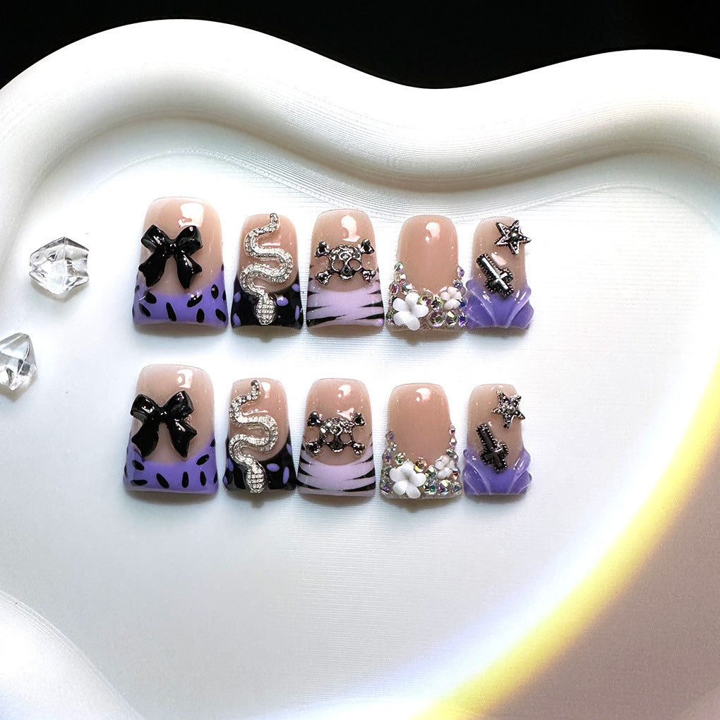 Y2K Royal Collection: "Lavender Bow Bling" – Short Square Press-On Nails – Image 6