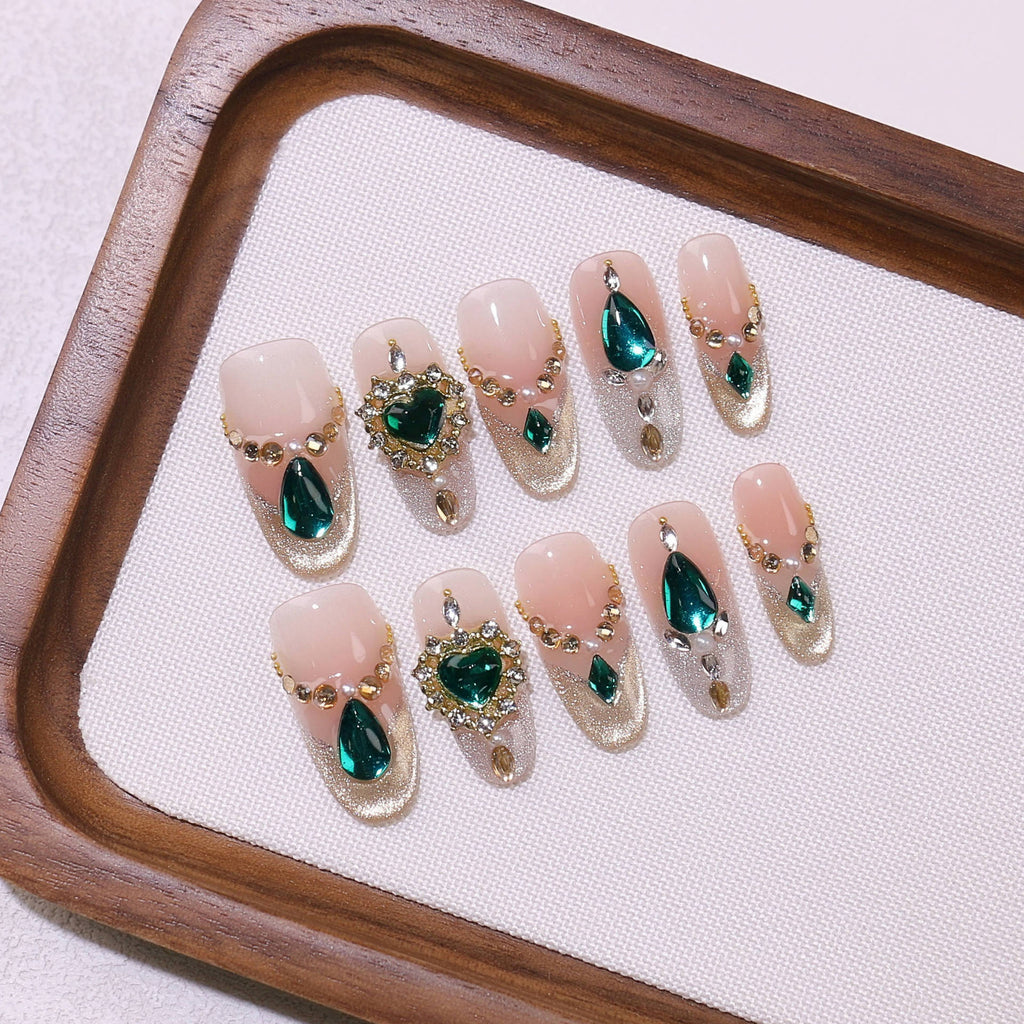 Emerald Empress by Gattina, luxury hand-crafted press-on nails