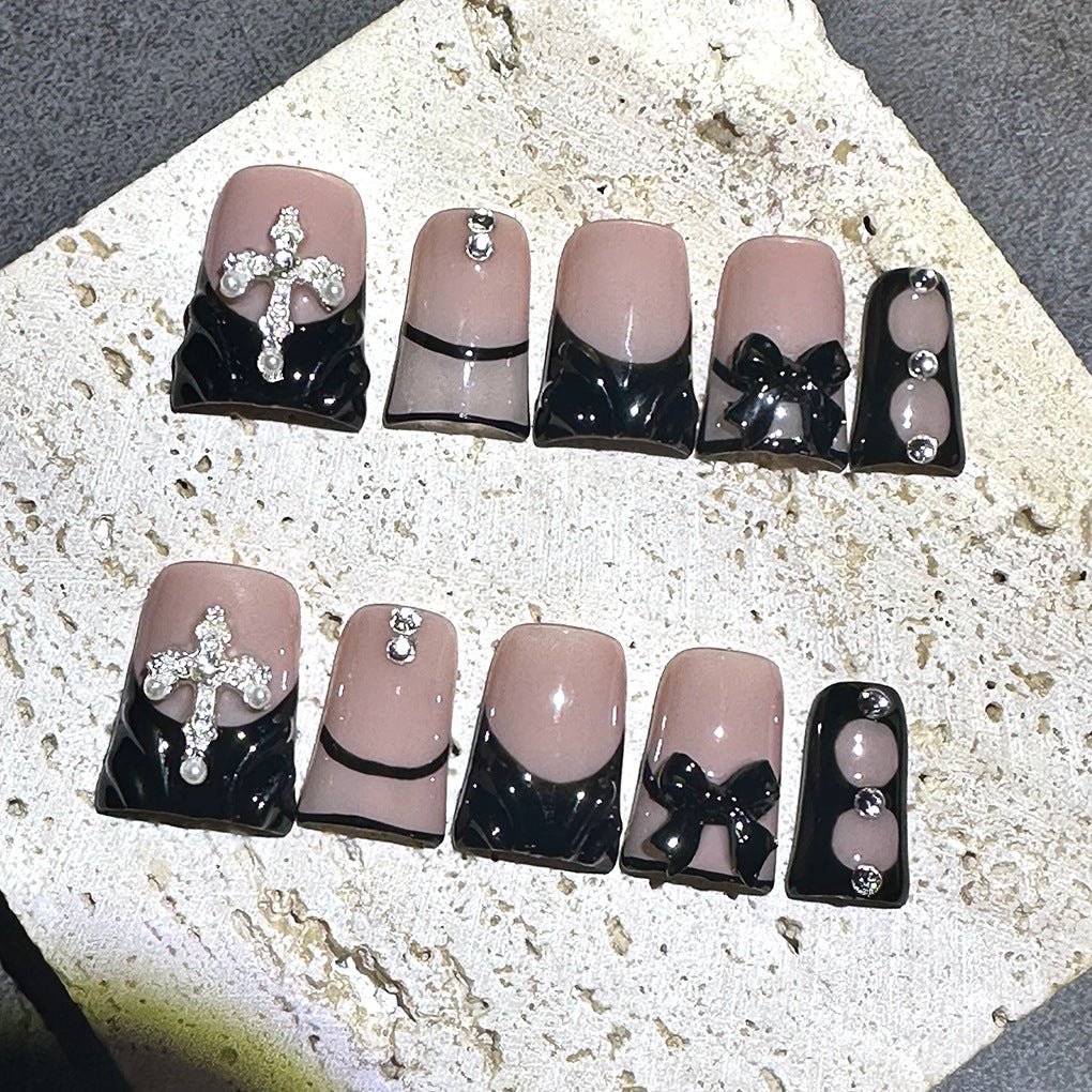 Nude Black French Nails with Cross and Bow Details – Image 3