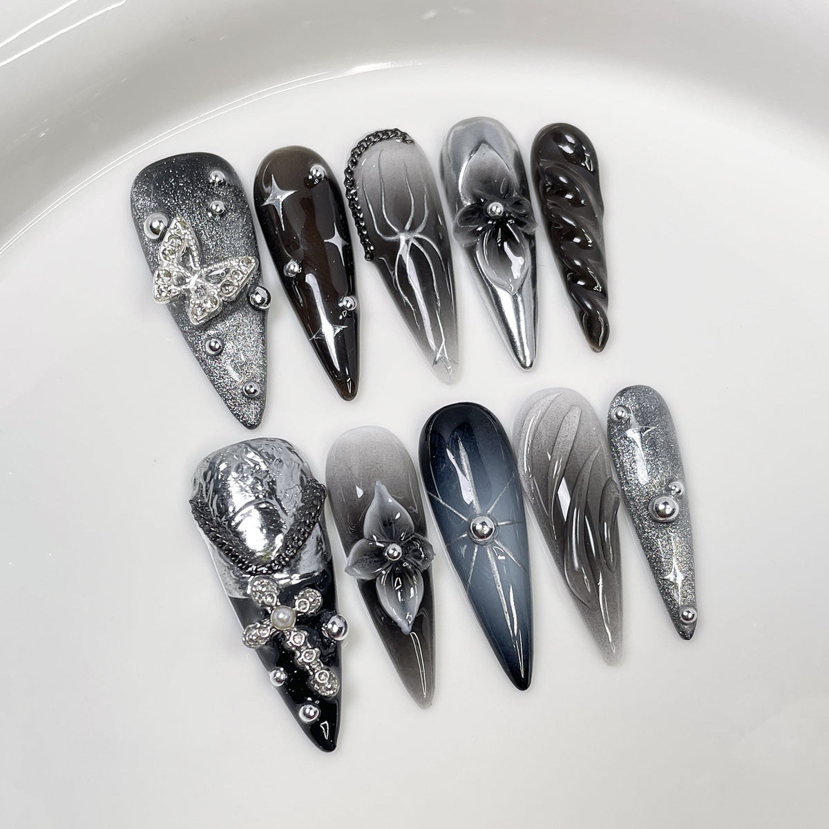 Silver Butterfly by Gattina, luxury hand-crafted press-on nails