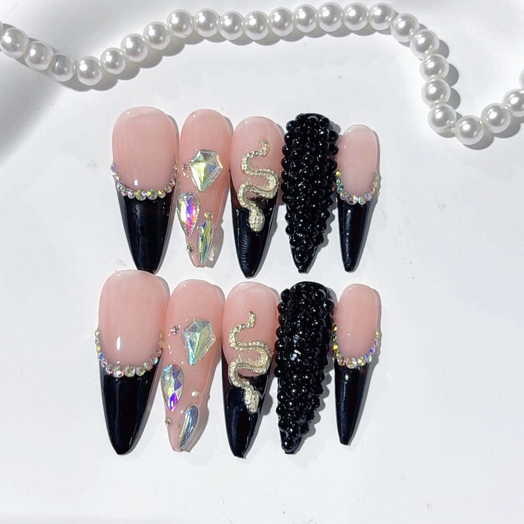 Serpent Noir: "Black French Snake" – Long Stiletto Shape Handmade Press-On Nails – Image 2