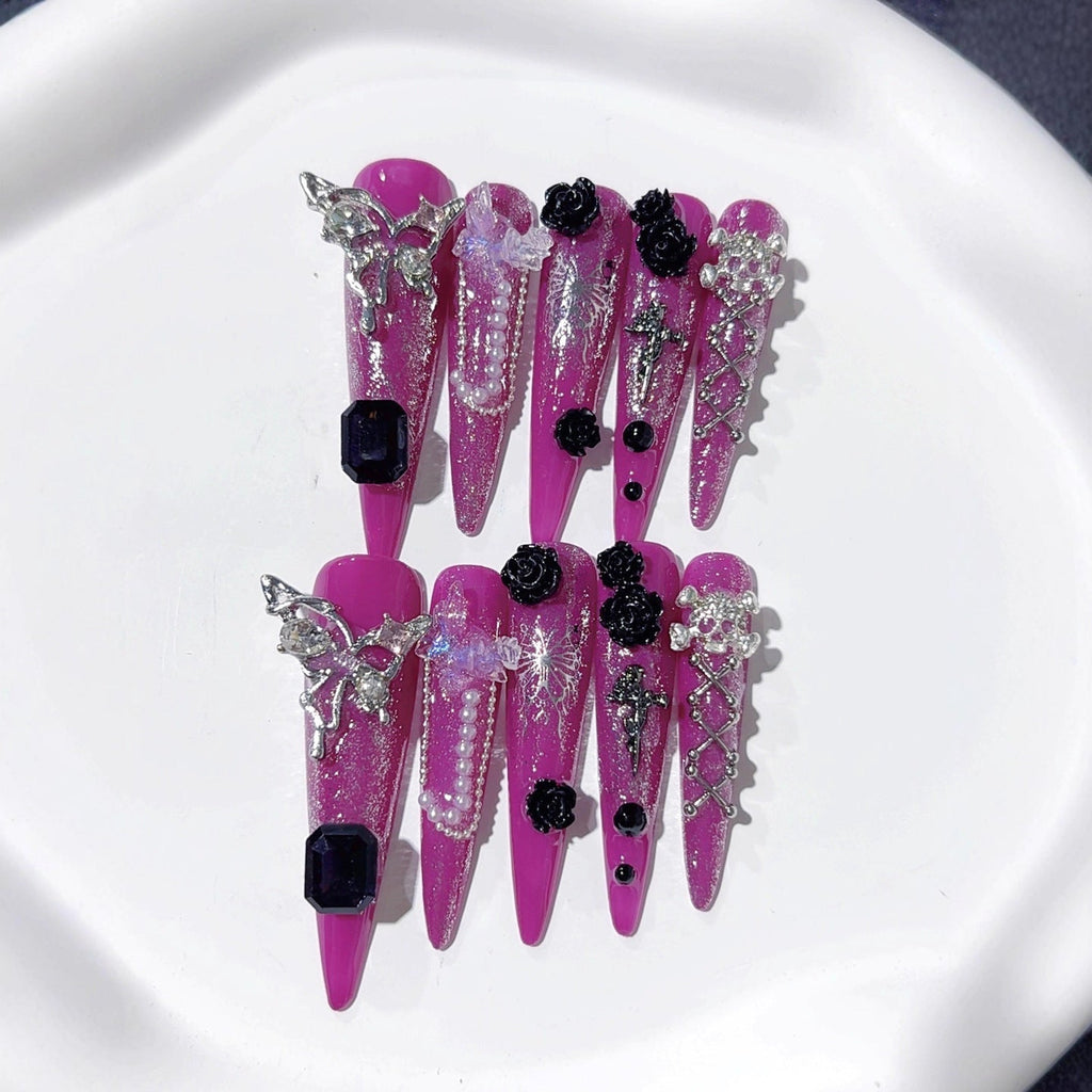 Purple Gothic Rose Crystal Statement Press On Nails – Image 2