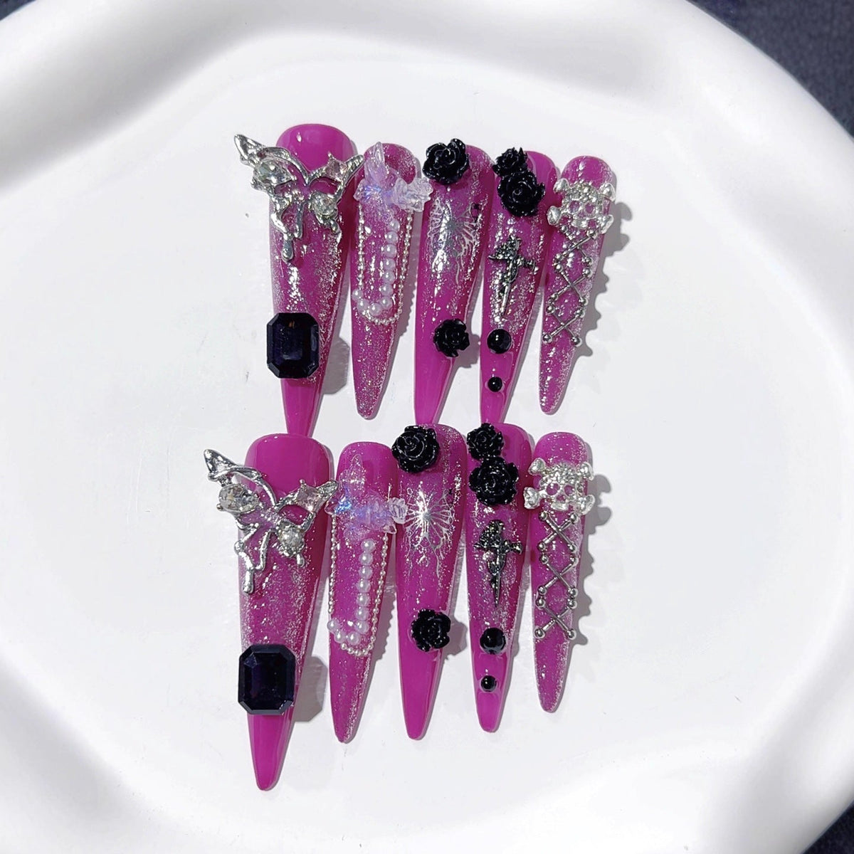 Purple Gothic Rose Crystal Statement Press On Nails – Image 2