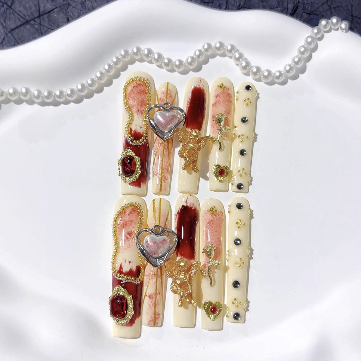 Ivory Red Baroque Heart Crystal Press On Nails
