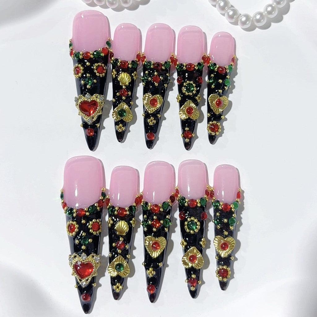 Pink Black Baroque Jewel Statement Press On Nails – Image 3