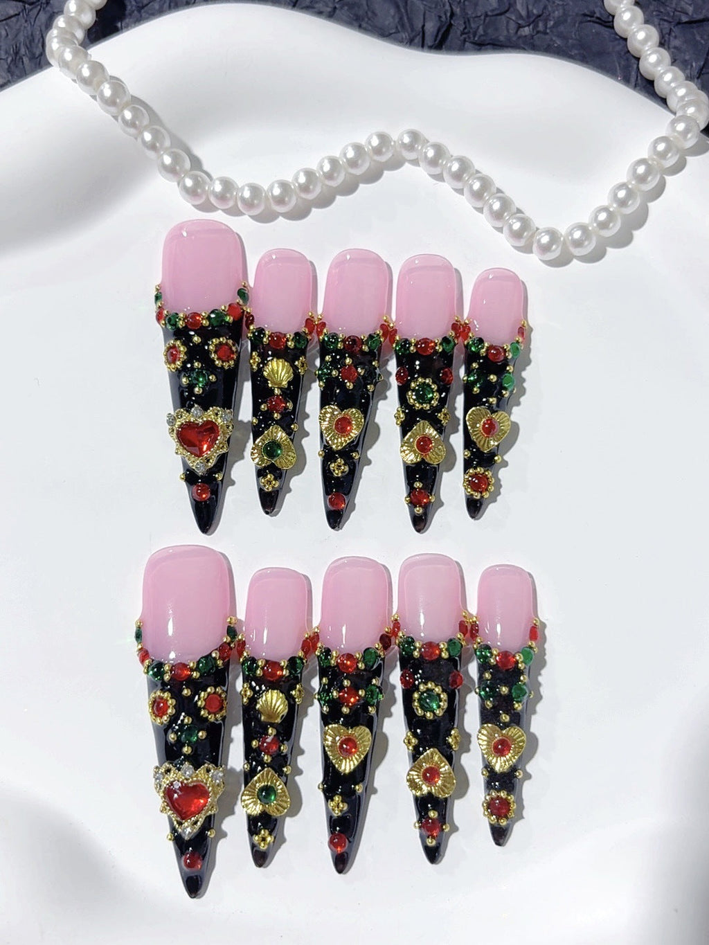 Pink Black Baroque Jewel Statement Press On Nails – Image 6
