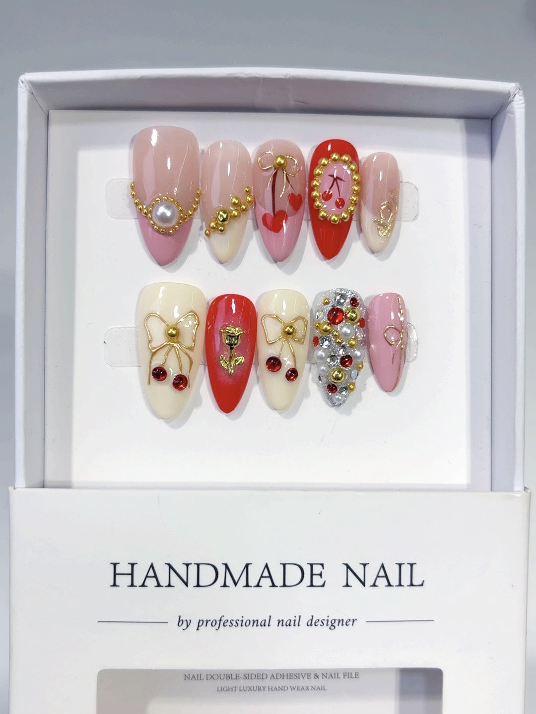 Cherry Rose Gala: "Festive Bow & Bloom" – Almond Press-On Nails – Image 6