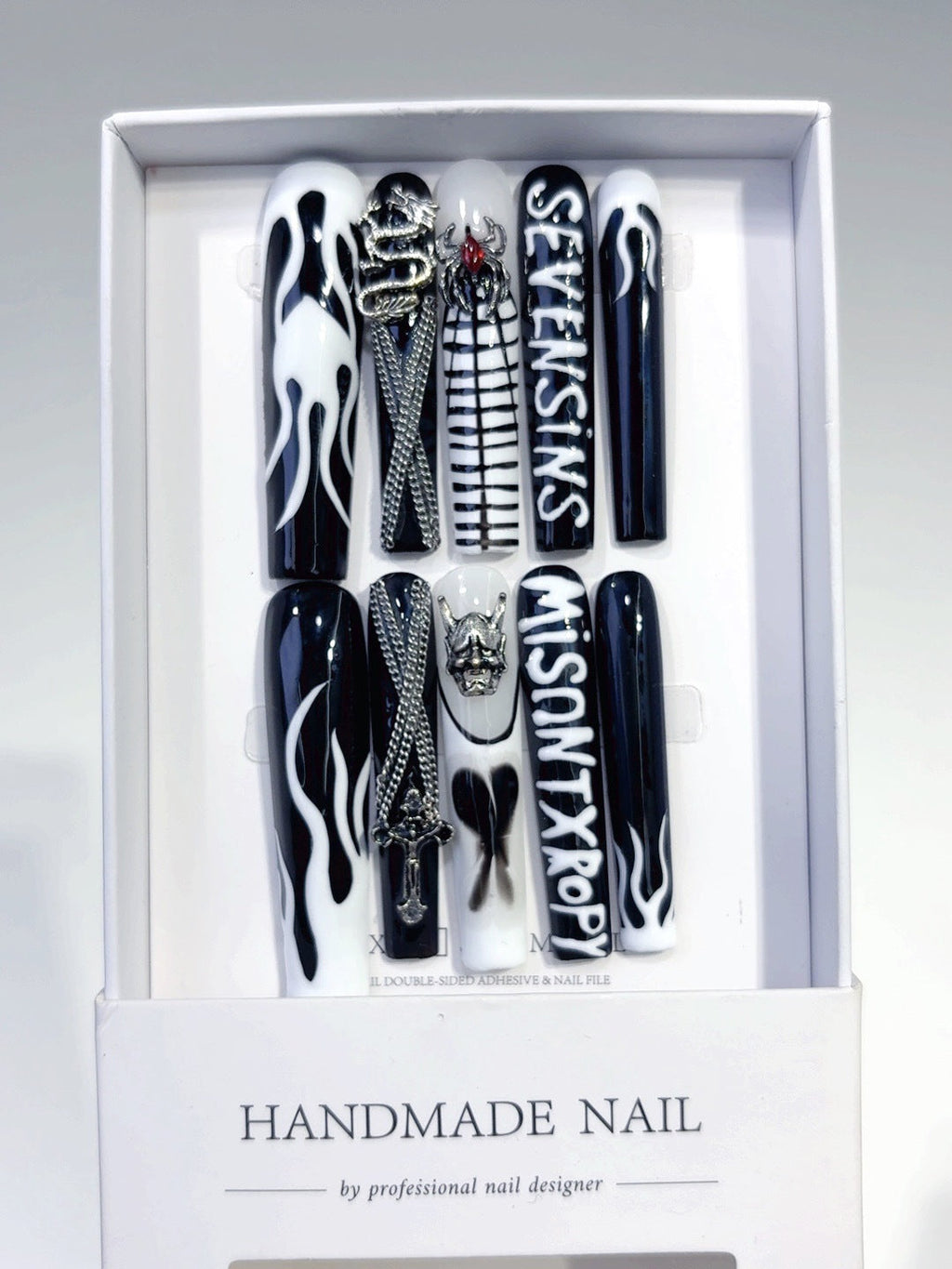 Black White Gothic Cross Flame Statement Press On Nails – Image 6