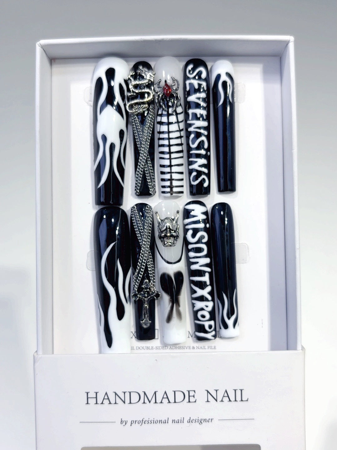 Black White Gothic Cross Flame Statement Press On Nails – Image 6