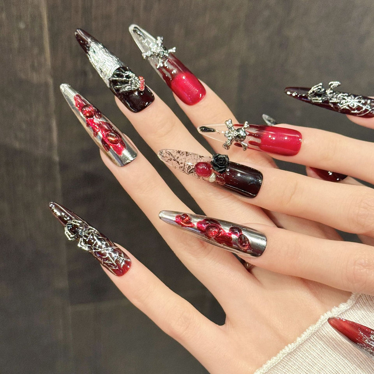 Widow's Rose by Gattina, luxury hand-crafted press-on nails