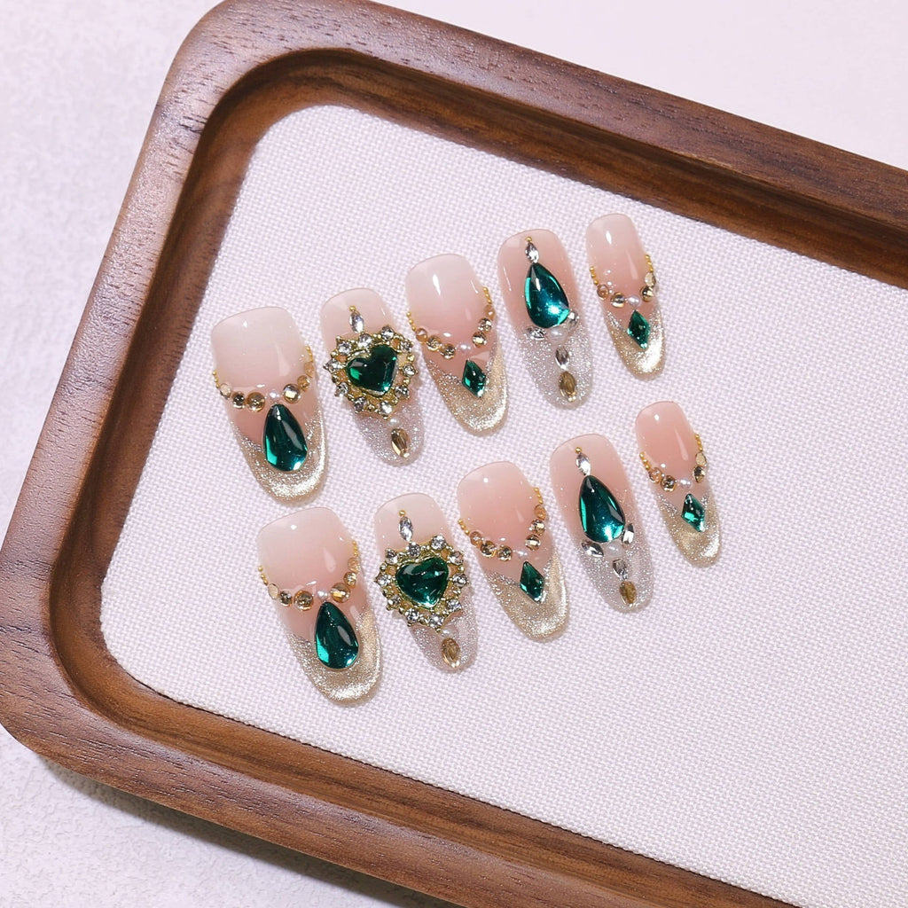 Emerald Empress by Gattina, luxury hand-crafted press-on nails