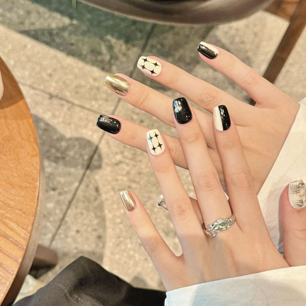 Noir Checkmate by Gattina, luxury hand-crafted press-on nails