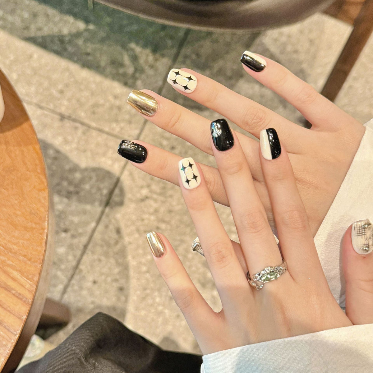 Noir Checkmate by Gattina, luxury hand-crafted press-on nails