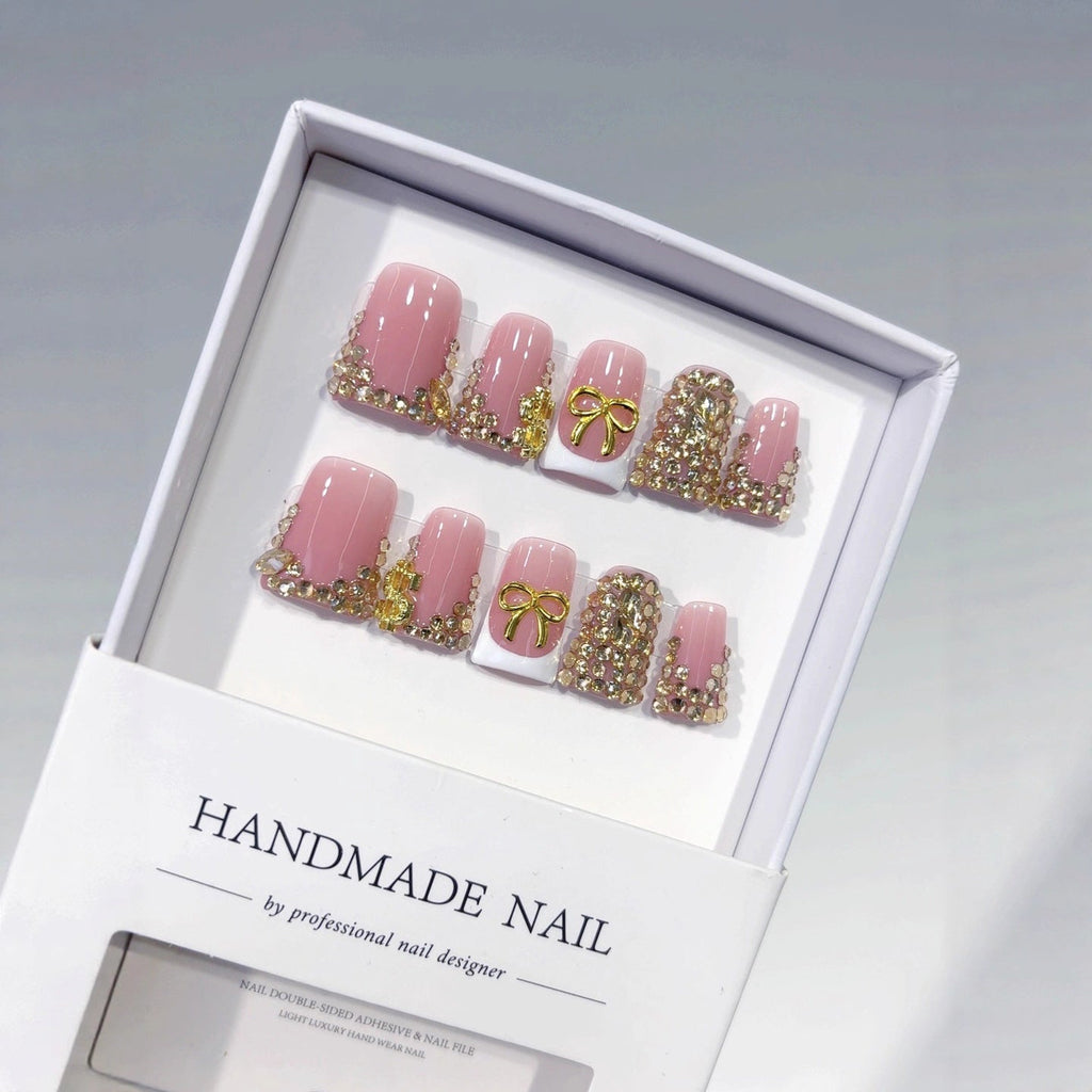 Rich Bling: "Golden Bow & Dollar" – Square Press-On Nails – Image 4