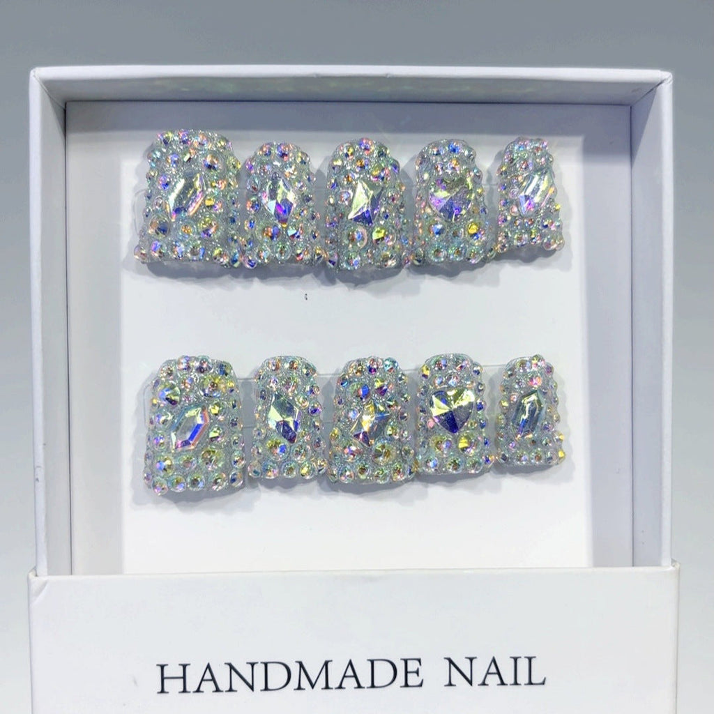 Diamond Dazzle: "Aurora Crystal" – Short Square Handmade Press On Nails